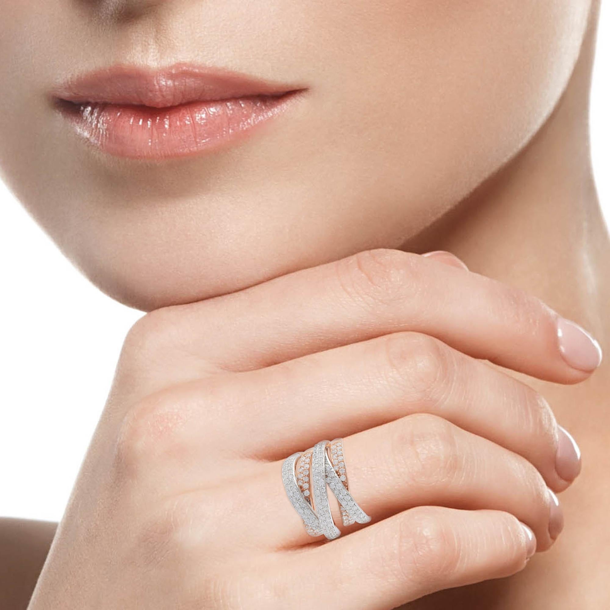 Modern SI Clarity HI Color Diamond Multi Layer Ring 2 Tone Gold Handmade Fine Jewelry For Sale