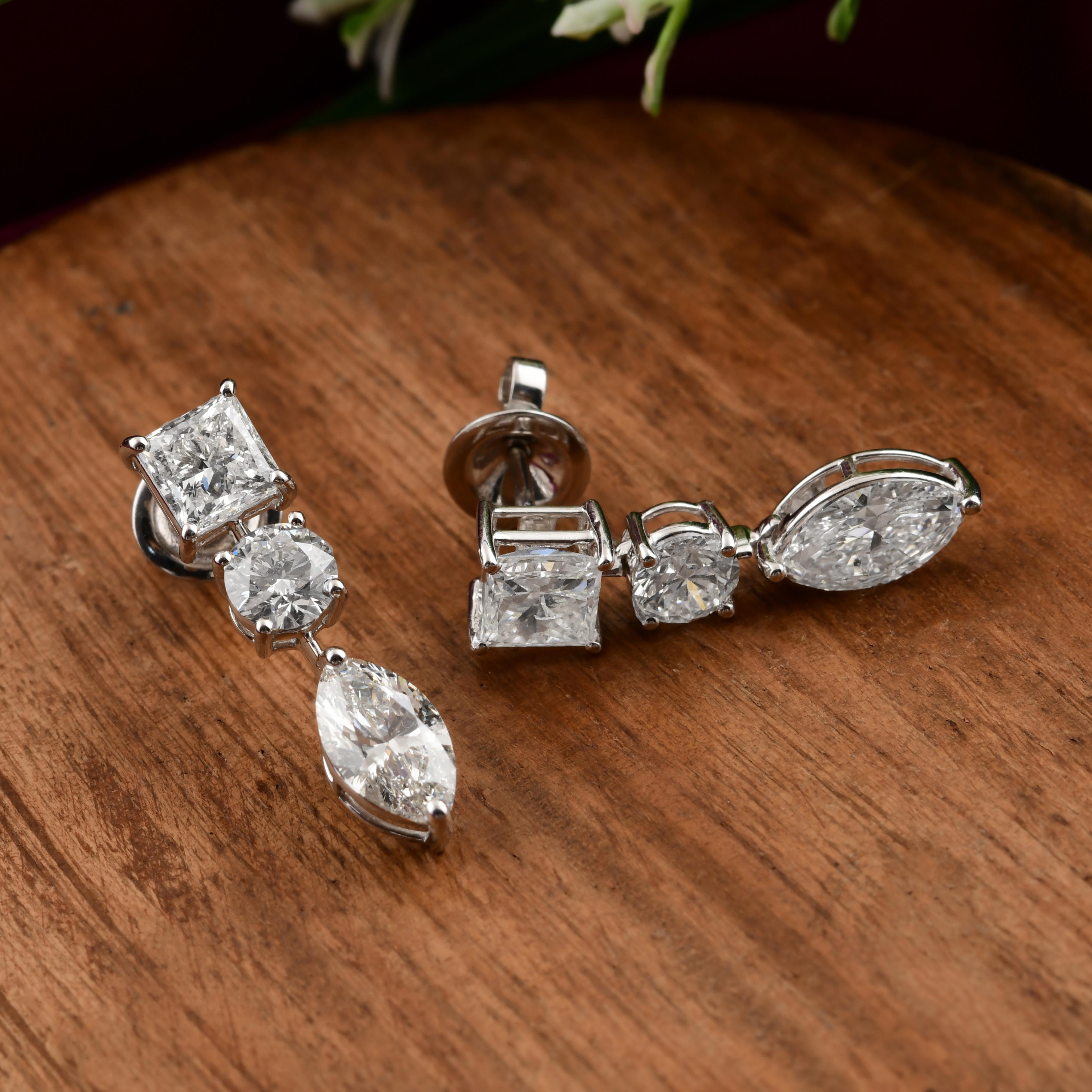 Boucles d'oreilles pendantes en or blanc 18 carats avec trois pierres en diamant de couleur HI et de pureté SI Pour femmes en vente