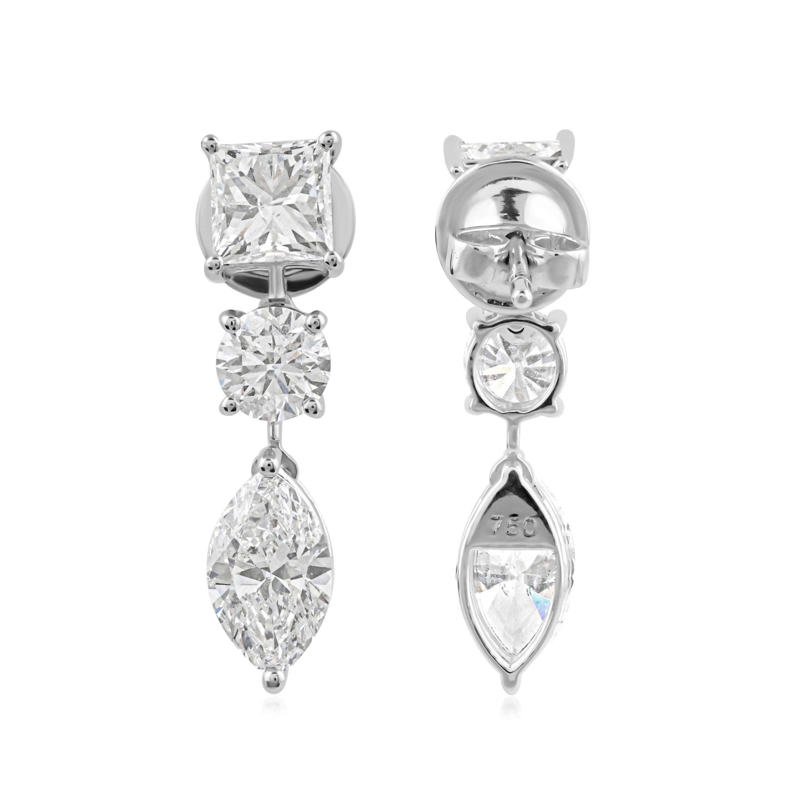 Boucles d'oreilles pendantes en or blanc 18 carats avec trois pierres en diamant de couleur HI et de pureté SI en vente 1