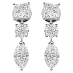 Boucles d'oreilles pendantes en or blanc 18 carats avec trois pierres en diamant de couleur HI et de pureté SI
