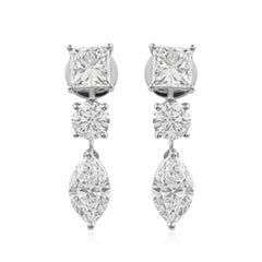 Boucles d'oreilles pendantes en or blanc 18 carats avec trois pierres en diamant de couleur HI et de pureté SI