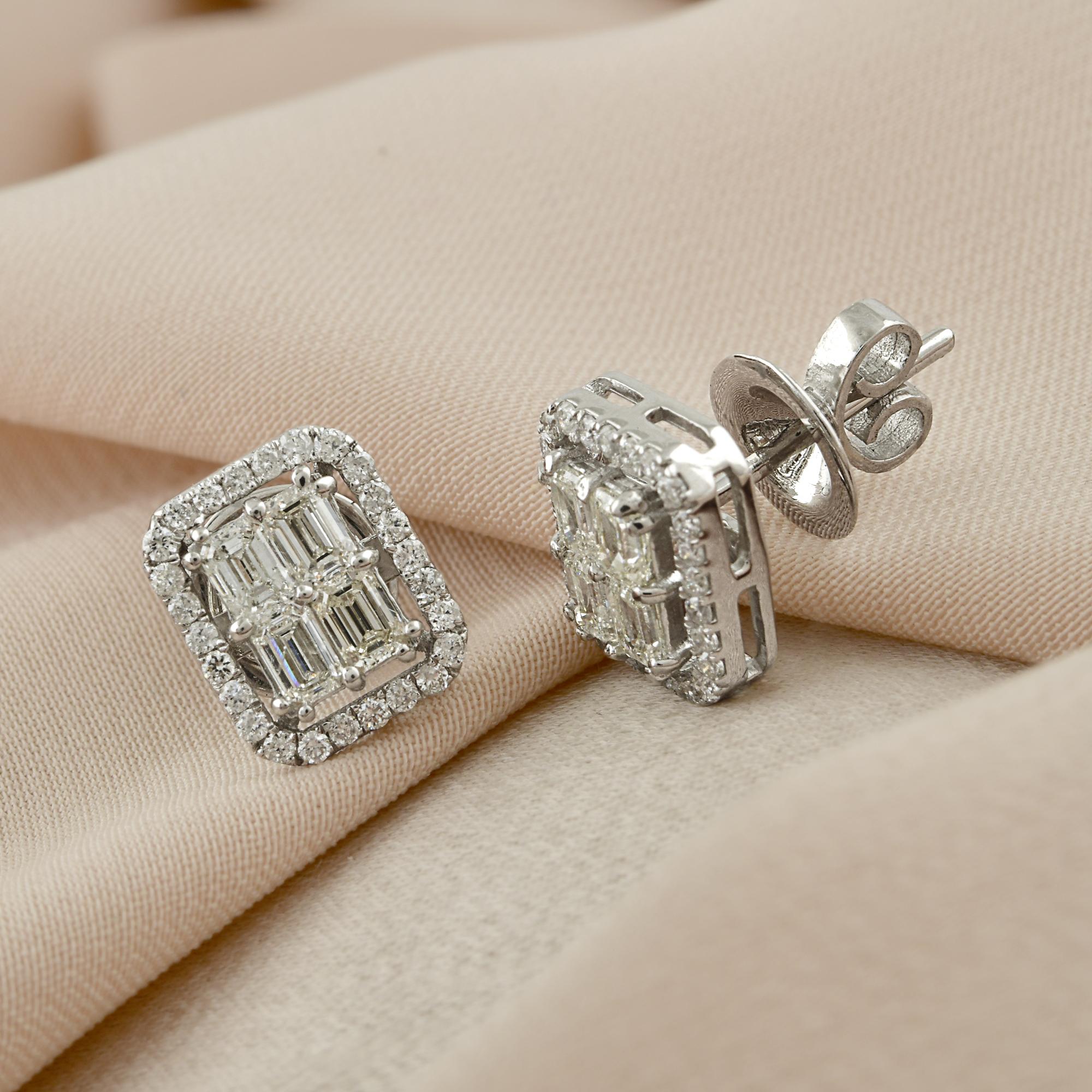Modern SI Clarity HI Color Emerald Cut Diamond Halo Stud Earrings 18k White Gold For Sale