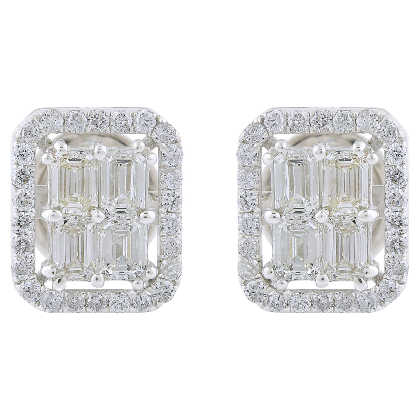 SI Clarity HI Color Emerald Cut Diamond Halo Stud Earrings 18k White Gold For Sale