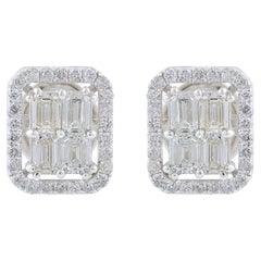 SI Clarity HI Color Emerald Cut Diamond Halo Stud Earrings 18k White Gold
