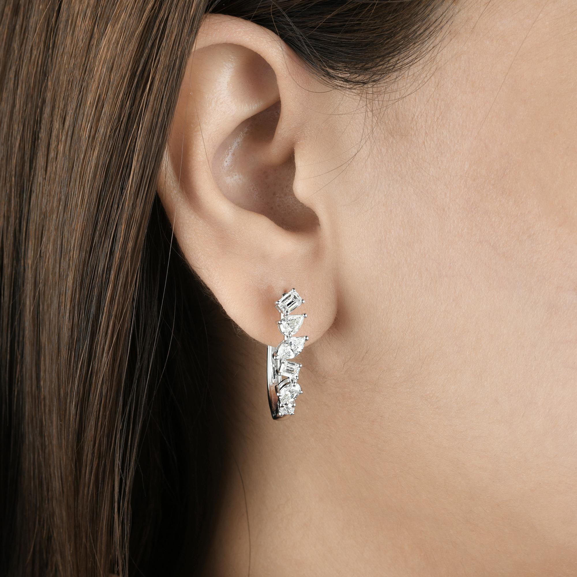 Women's SI Clarity HI Color Emerald Cut Diamond Hoop Earrings 18 Kt White Gold Jewelry For Sale
