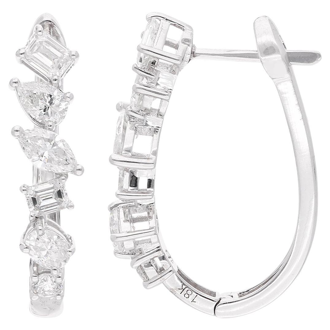 SI Clarity HI Color Emerald Cut Diamond Hoop Earrings 18 Kt White Gold Jewelry For Sale