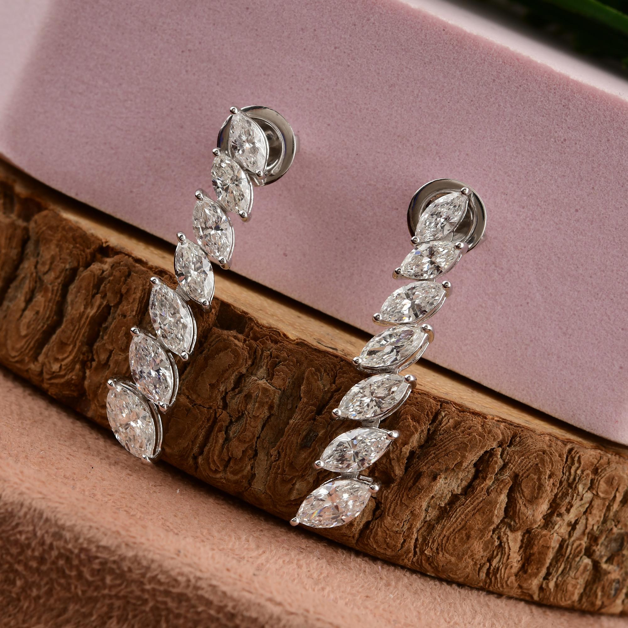 Women's SI Clarity HI Color Marquise Cut Diamond Long Drop Earrings 18k Solid White Gold For Sale