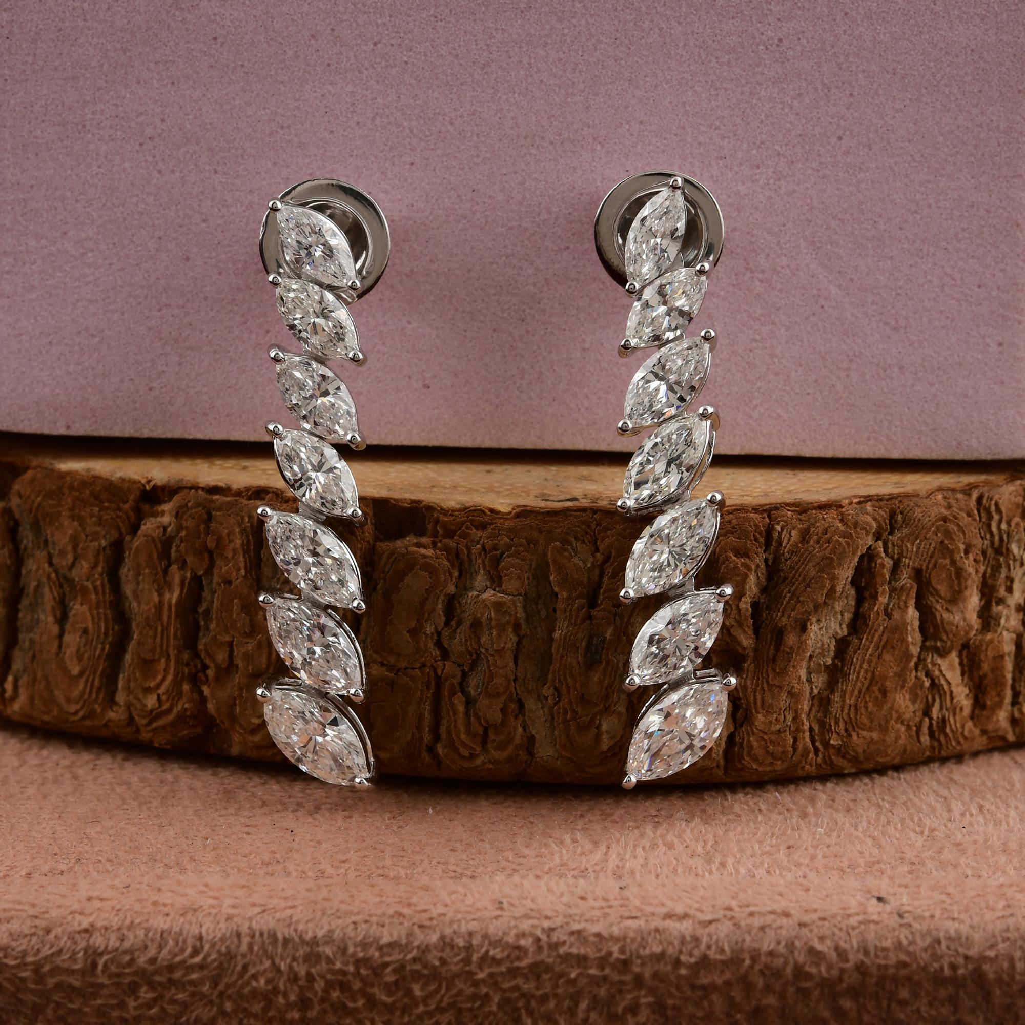 SI Clarity HI Color Marquise Cut Diamond Long Drop Earrings 18k Solid White Gold For Sale 1