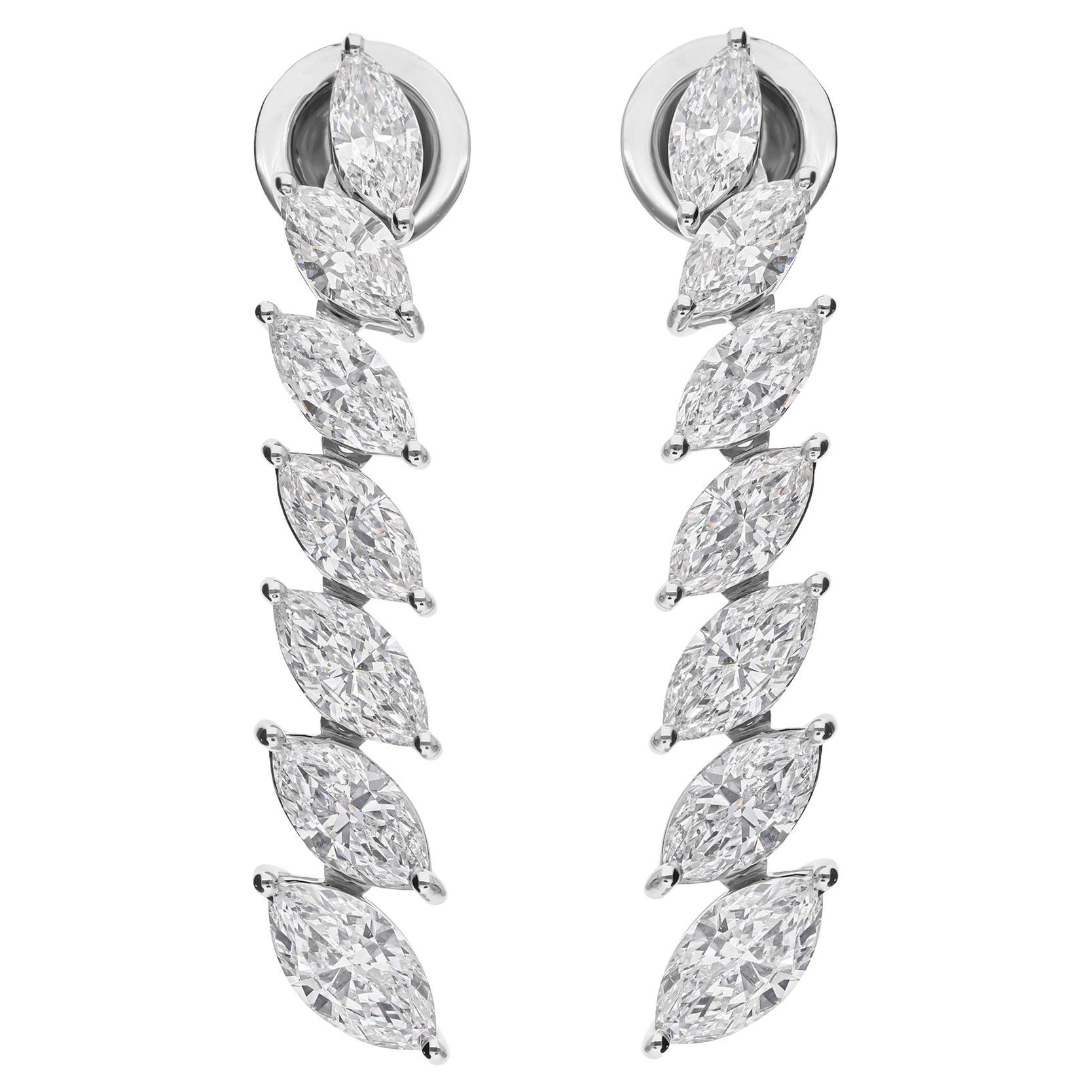 SI Clarity HI Color Marquise Cut Diamond Long Drop Earrings 18k Solid White Gold For Sale