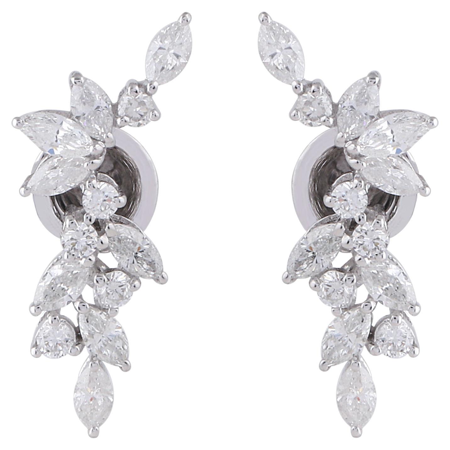 SI Clarity HI Color Marquise Diamond Ear Crawler Earrings 18 Karat White Gold For Sale