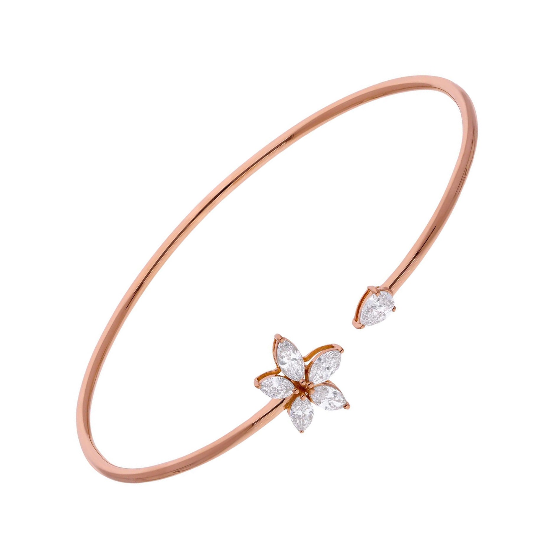 SI Clarity HI Color Marquise Diamond Minimalist Cuff Bracelet 14 Karat Rose Gold