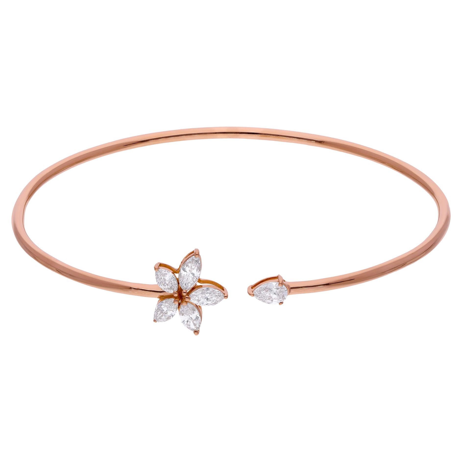 SI Clarity HI Color Marquise Diamond Minimalist Cuff Bracelet 18 Karat Rose Gold