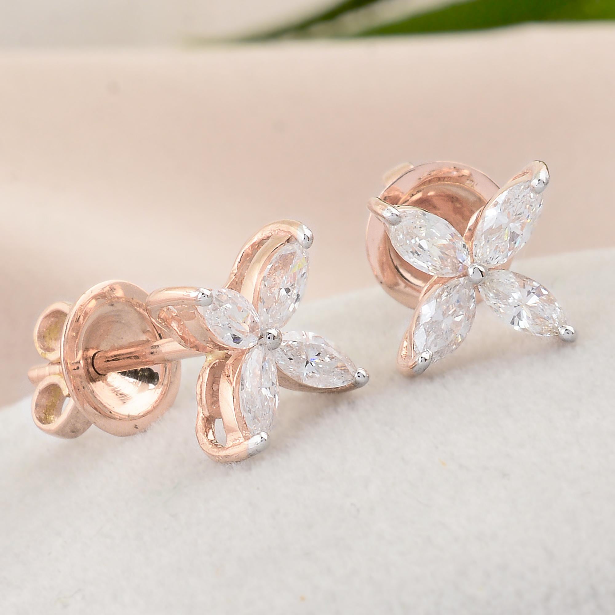 SI Clarity HI Color Marquise Diamond Stud Earrings 18k Rose Gold Fine Jewelry In New Condition For Sale In Diera, Dubai