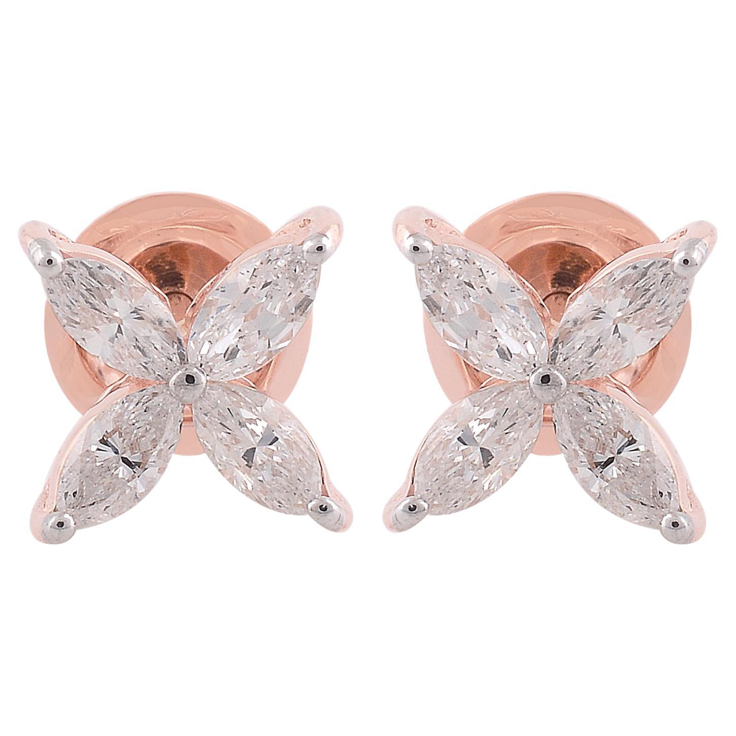 SI Clarity HI Color Marquise Diamond Stud Earrings 18k Rose Gold Fine Jewelry For Sale