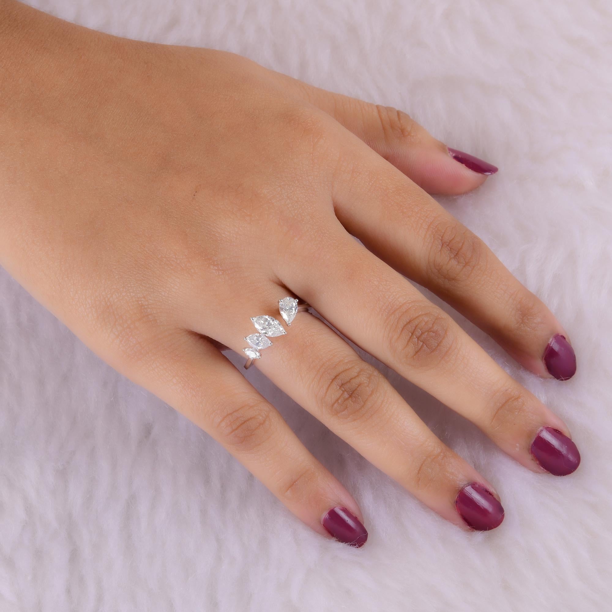 SI Clarity HI Color Marquise Pear Diamond Cuff Ring 14 Karat White Gold Jewelry In New Condition For Sale In Diera, Dubai