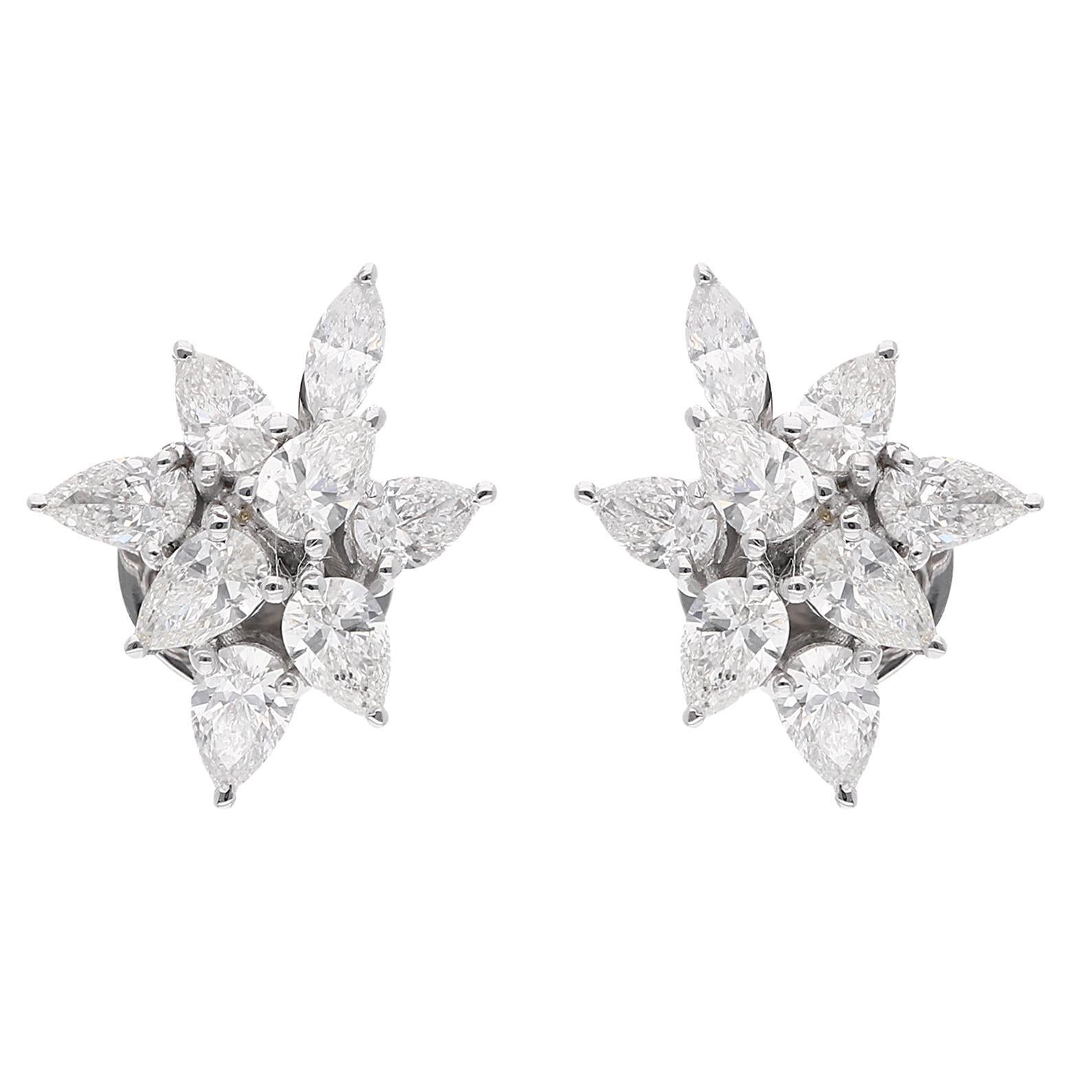 Boucles d'oreilles cloutées en or blanc 18 carats avec diamant poire marquise de couleur HI et pureté SI