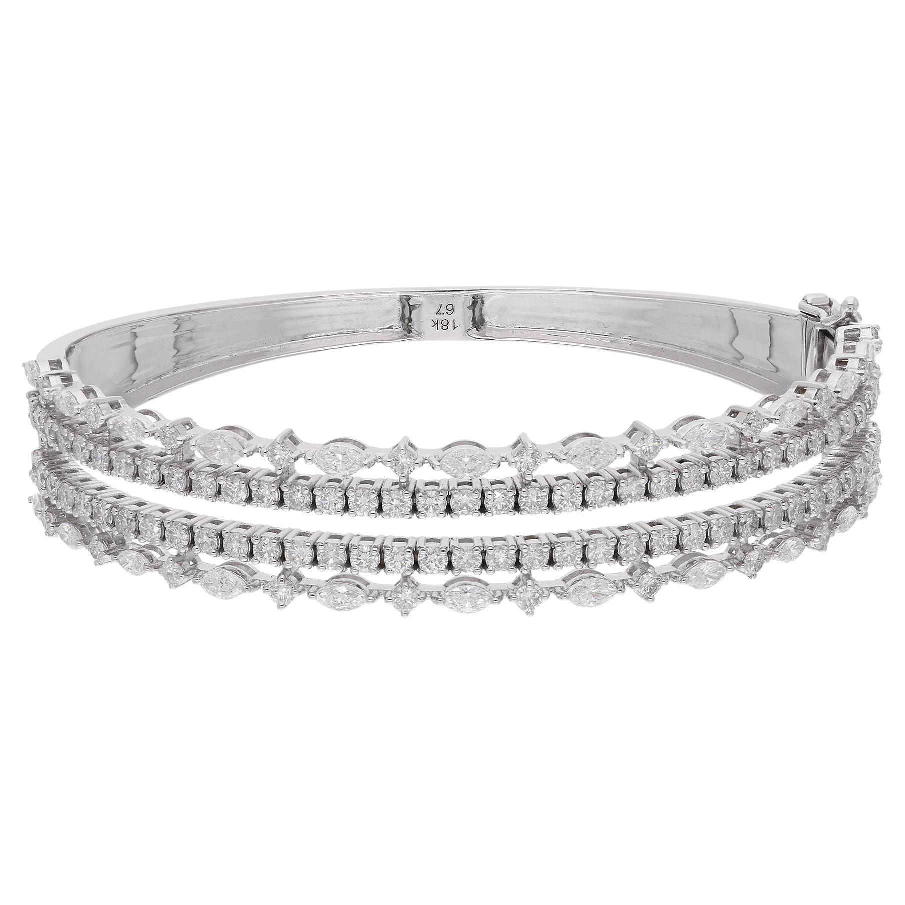 SI Clarity HI Color Marquise Round Diamond Bangle Bracelet 18 Karat White Gold For Sale