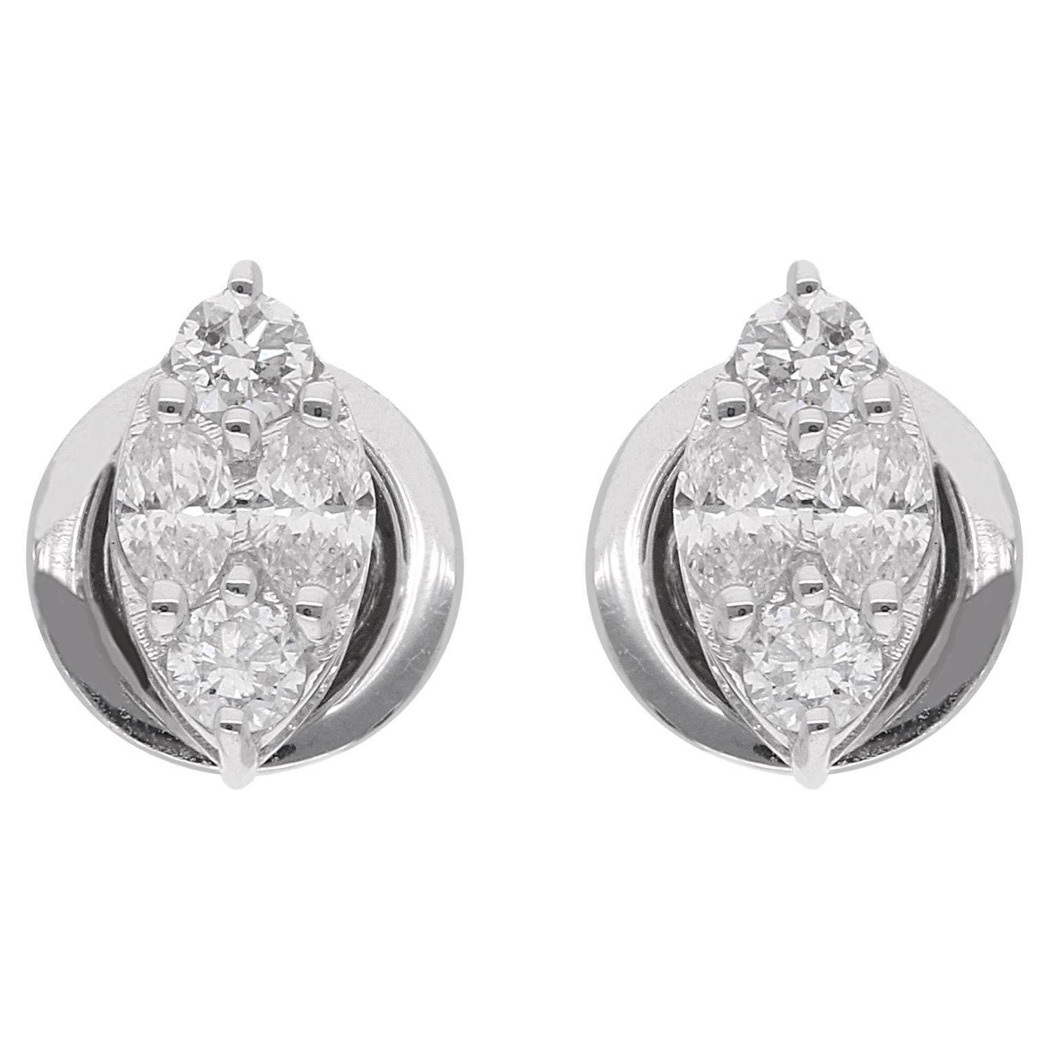 SI Clarity HI Color Marquise Round Diamond Stud Earrings 14 Karat White Gold For Sale
