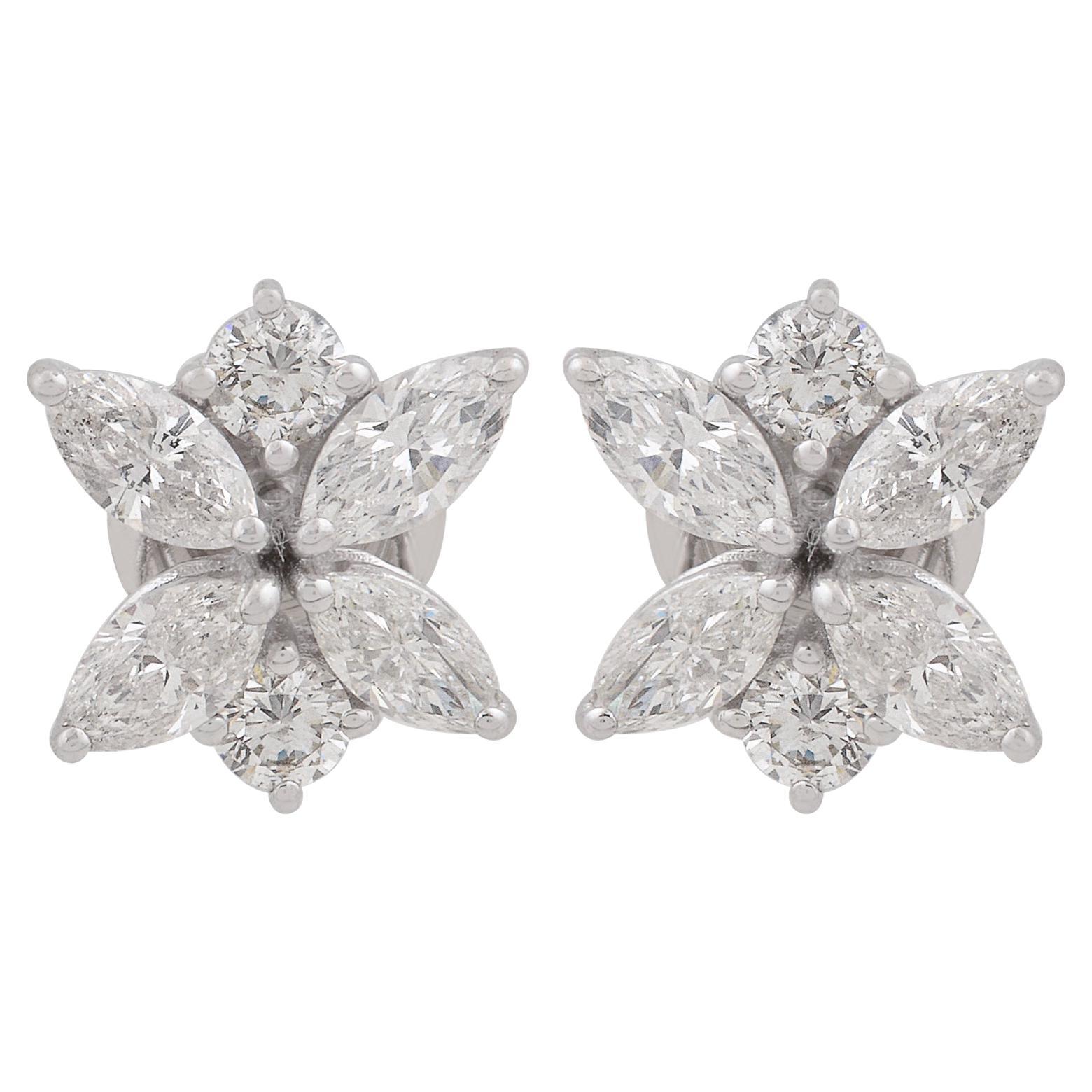 SI Clarity HI Color Marquise Round Diamond Stud Earrings 18 Karat White Gold