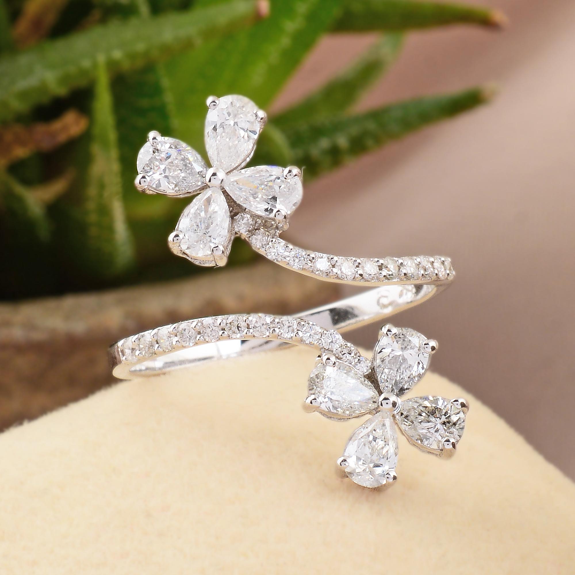 For Sale:  SI Clarity HI Color Pear Diamond Double Flower Wrap Ring 14k White Gold Jewelry 3