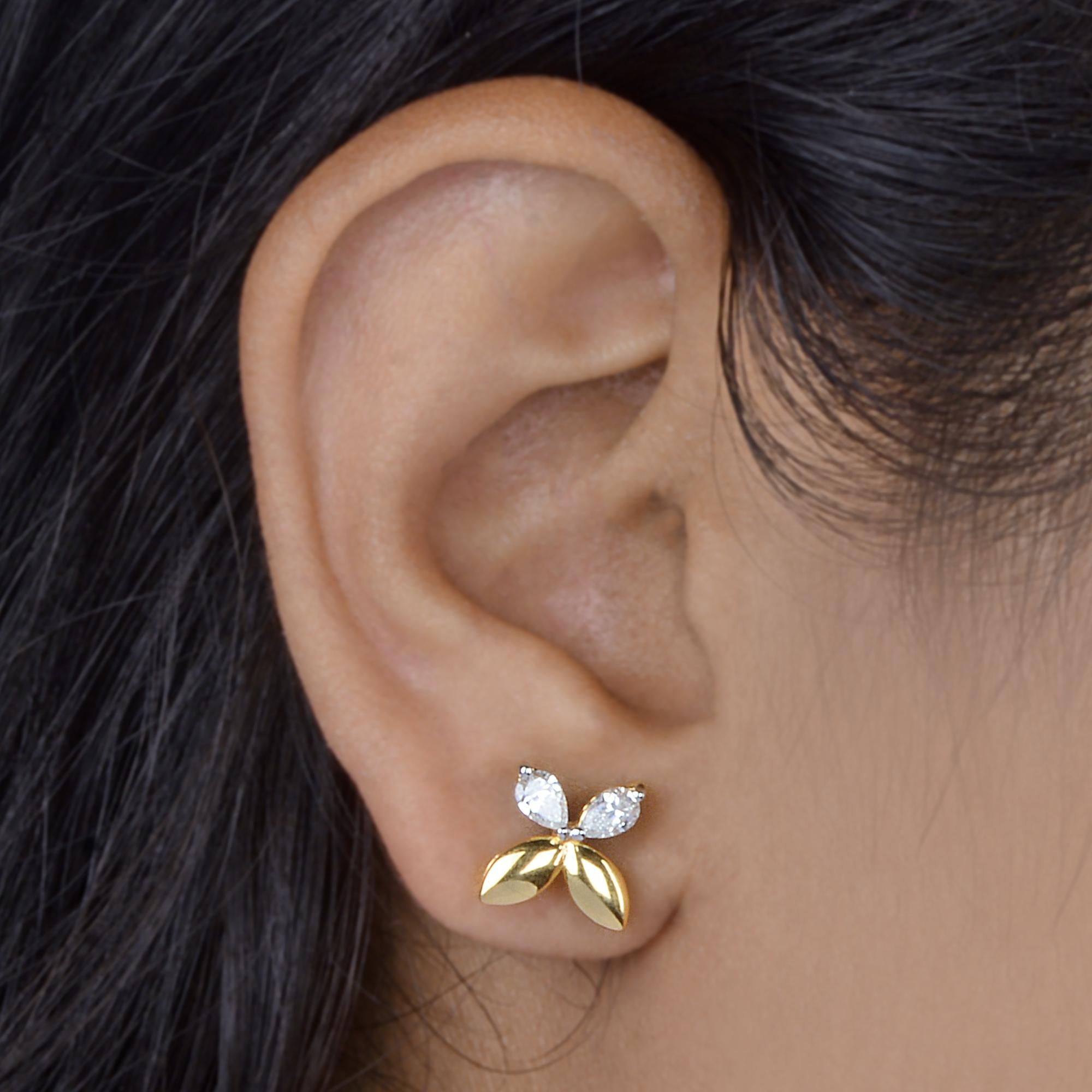 SI Claridad HI Color Diamante Pera Pendientes Flor Oro Amarillo Macizo 18k Corte pera en venta
