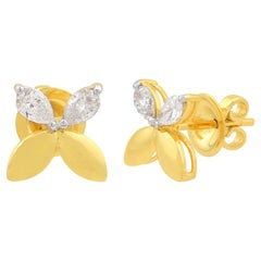 SI Claridad HI Color Diamante Pera Pendientes Flor Oro Amarillo Macizo 18k