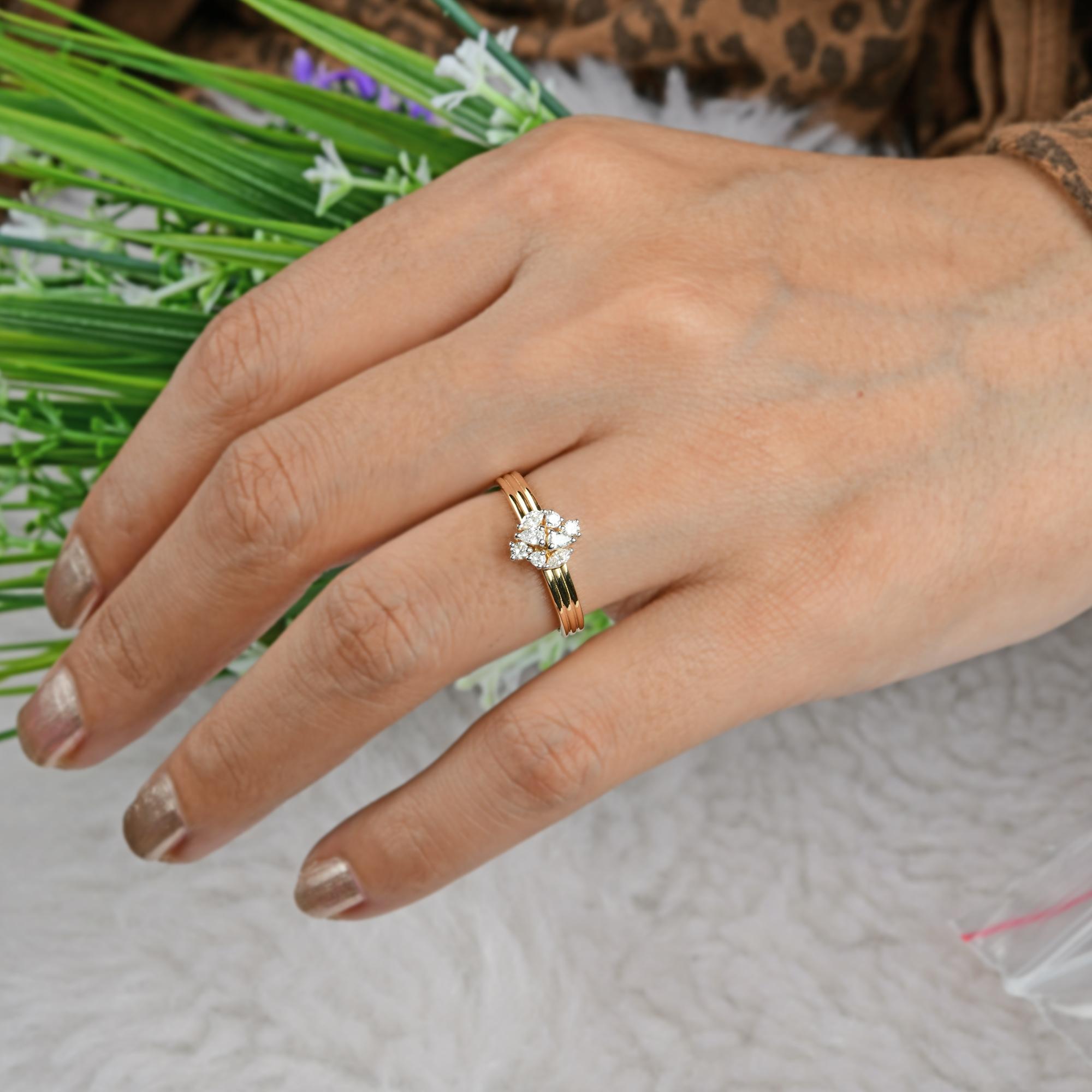 Pear Cut SI Clarity HI Color Pear Marquise Round Diamond Band Ring 18 Karat Yellow Gold For Sale