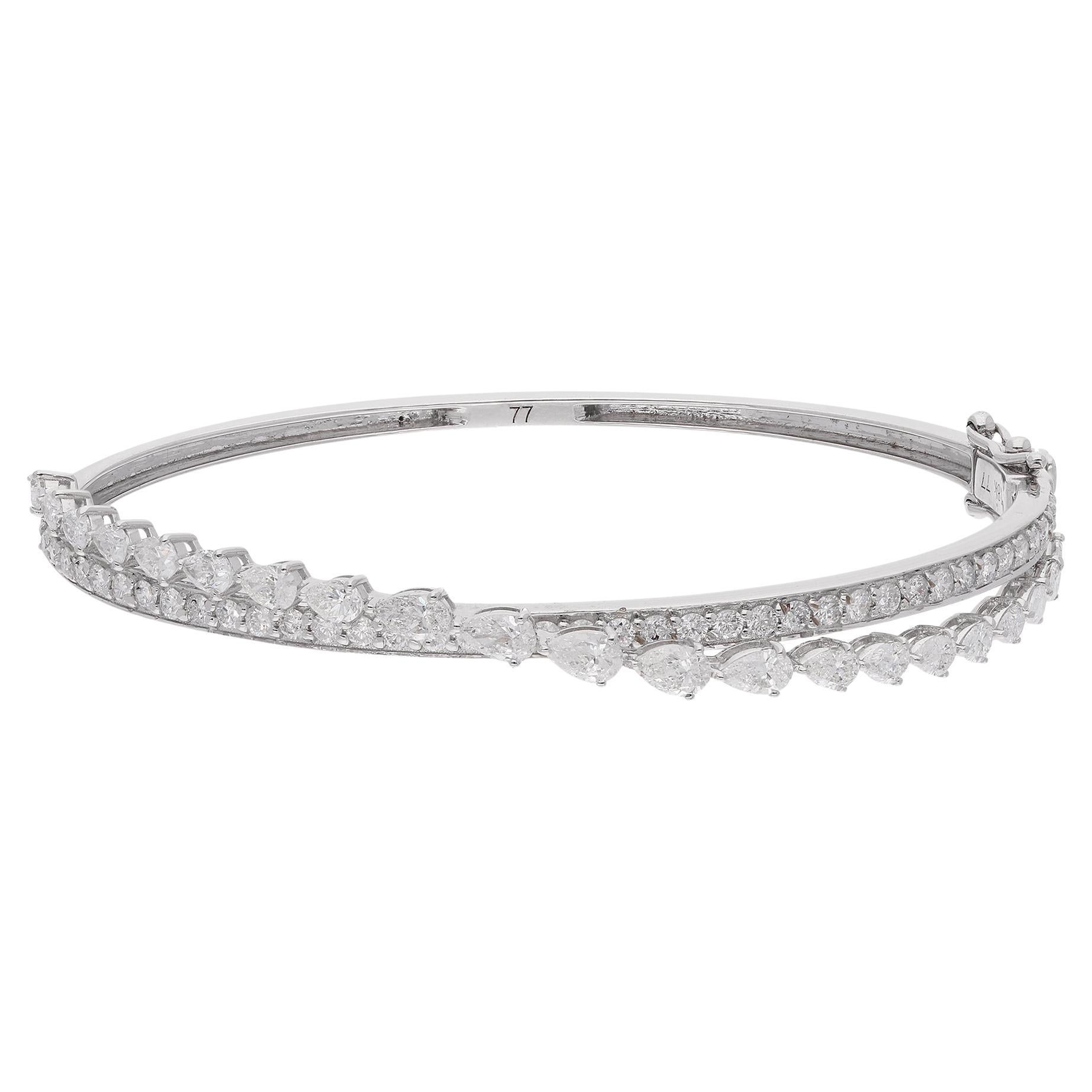 SI Clarity HI Color Pear Round Diamond Cuff Bangle Bracelet 14 Karat White Gold