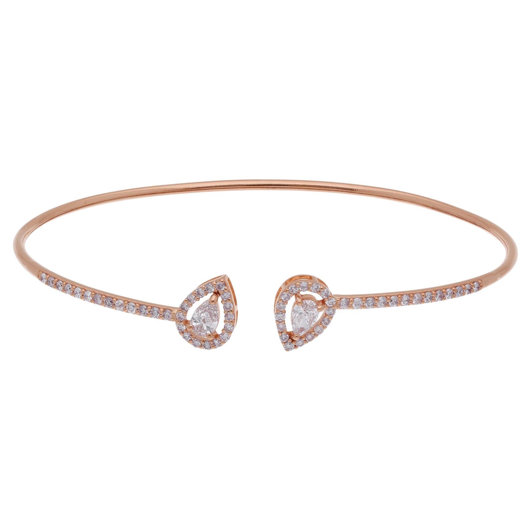SI Clarity HI Color Pear Round Diamond Cuff Bangle Bracelet 18 Karat Rose Gold