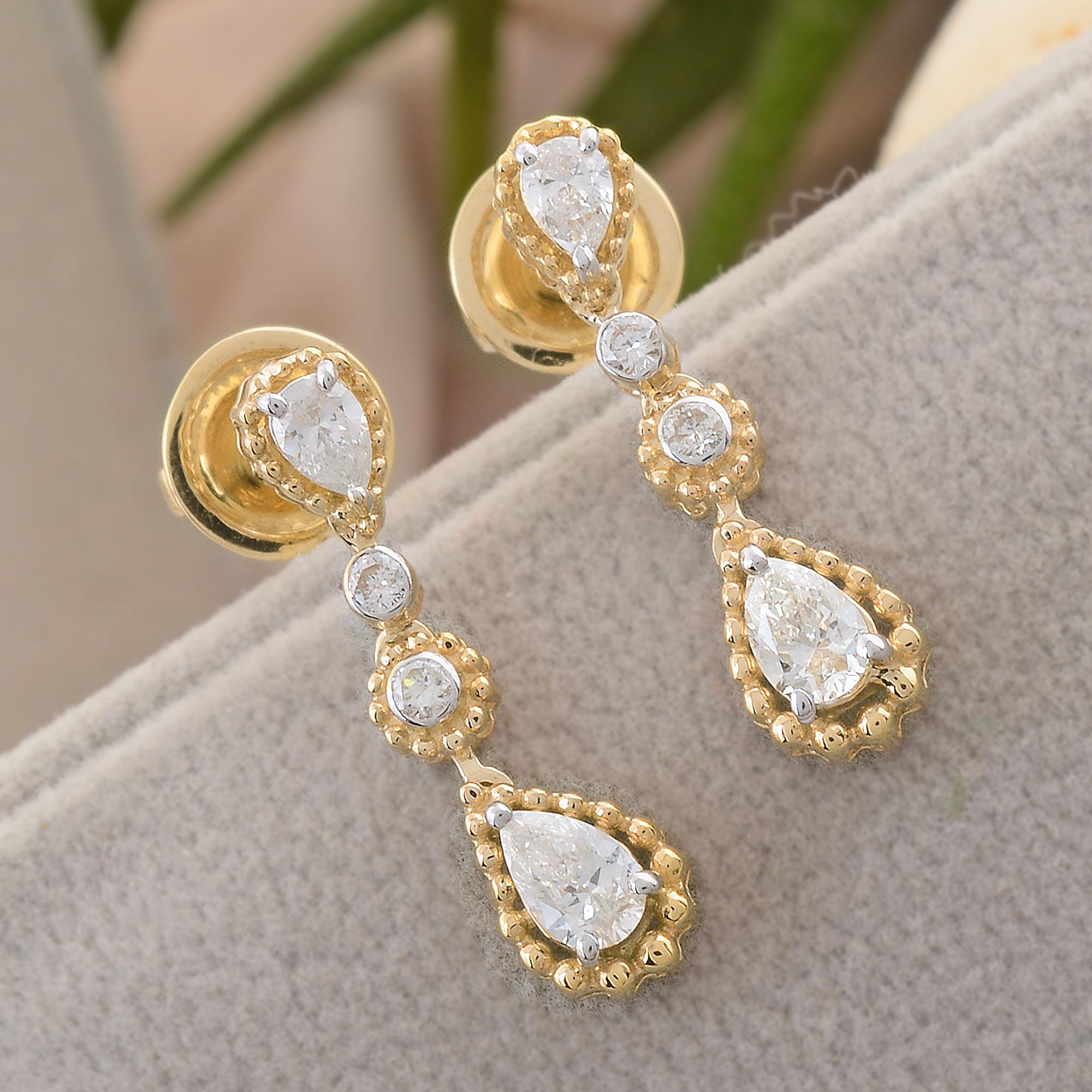 Modern SI Clarity HI Color Pear & Round Diamond Dangle Earrings 14k Yellow Gold Jewelry For Sale