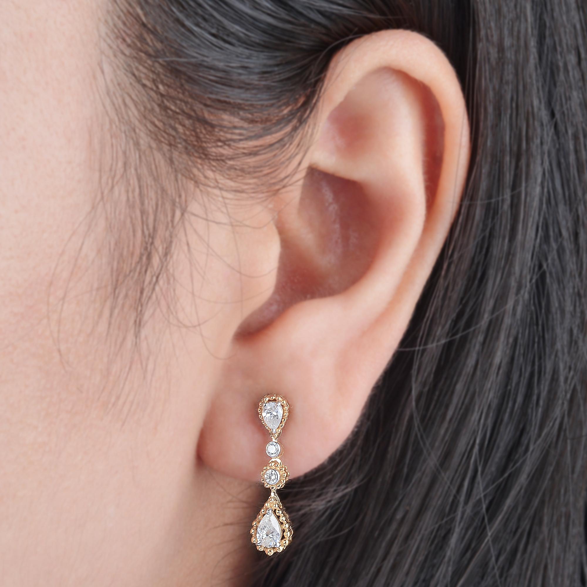 Pear Cut SI Clarity HI Color Pear & Round Diamond Dangle Earrings 14k Yellow Gold Jewelry For Sale