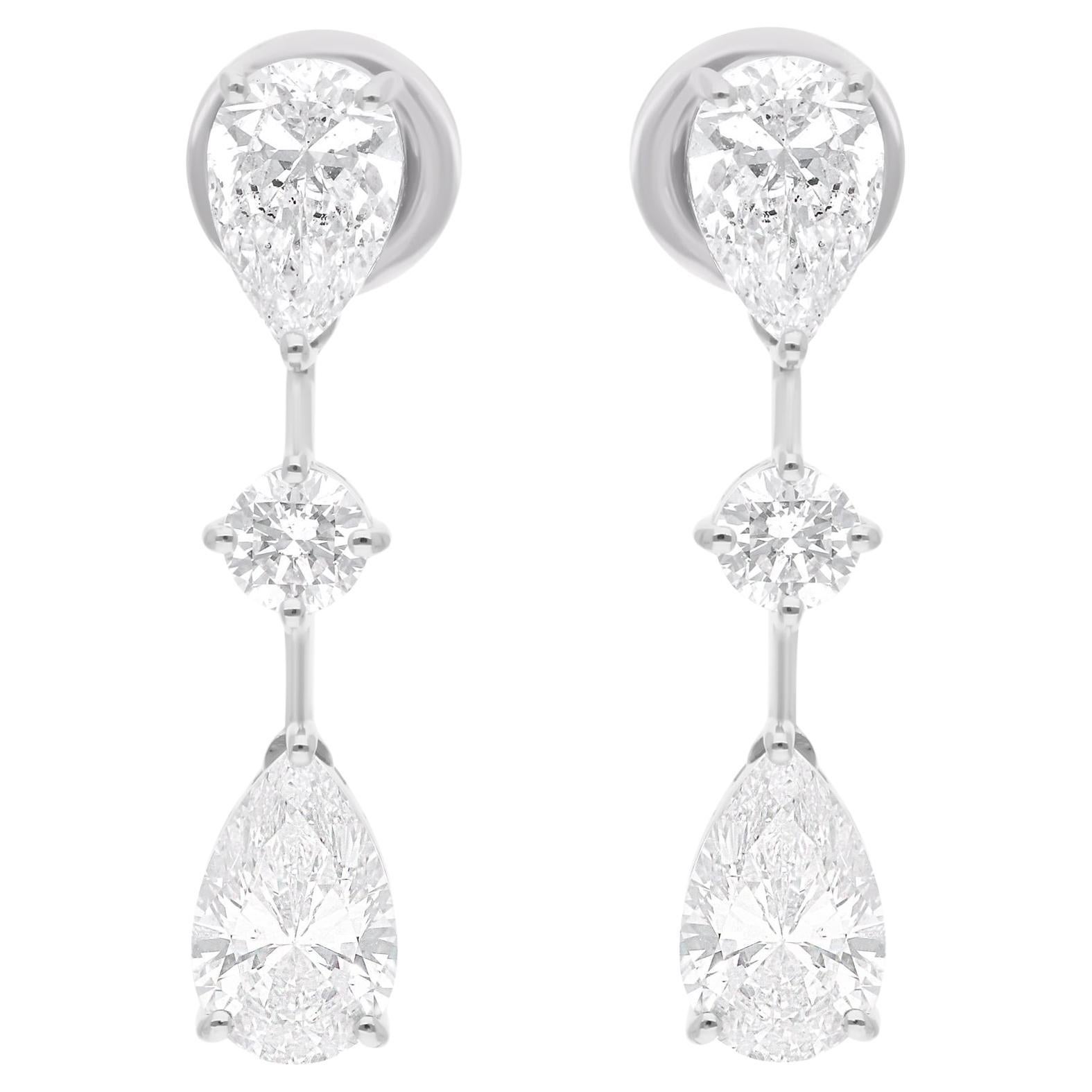 SI Clarity HI Color Pear & Round Diamond Dangle Earrings 18 Karat White Gold