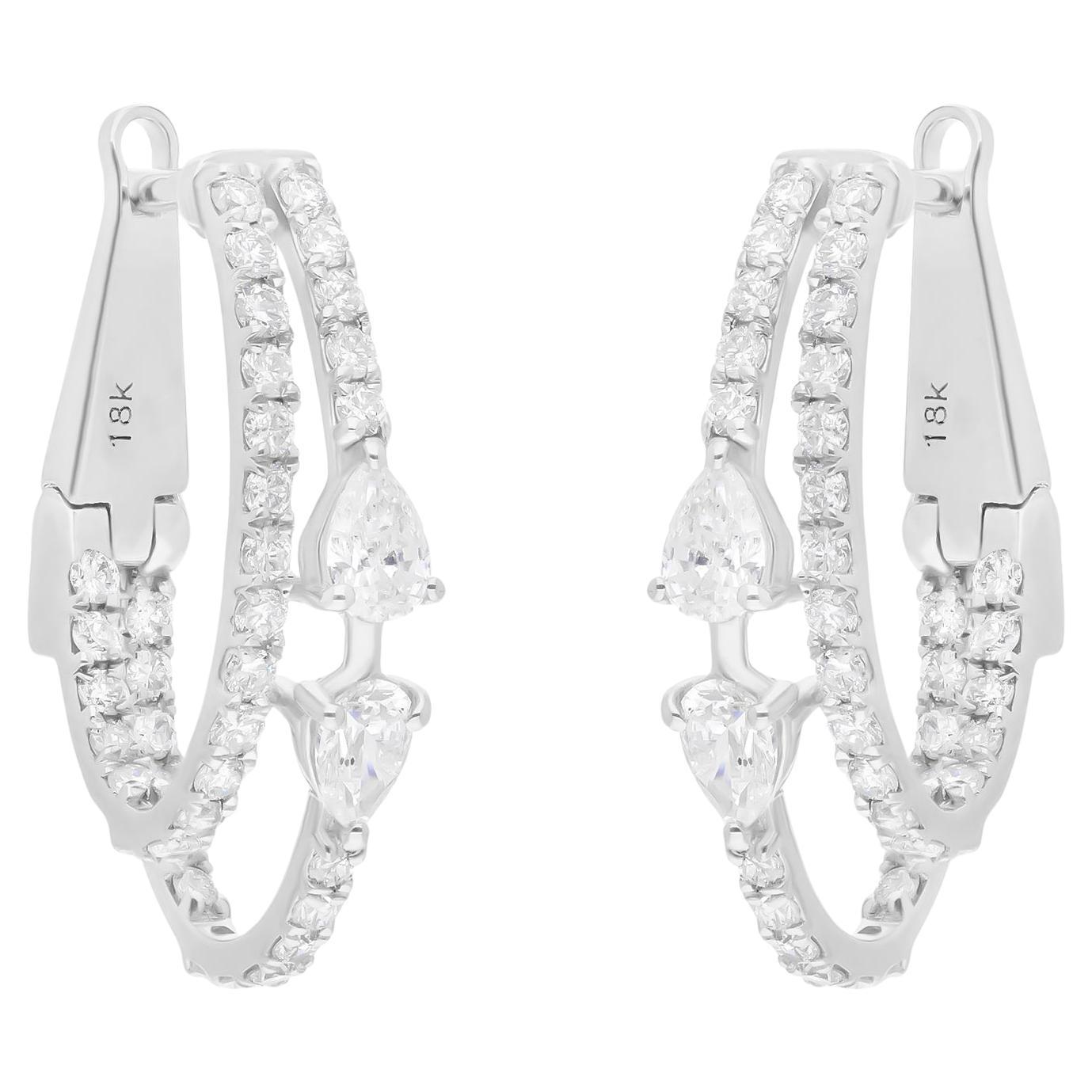 SI Clarity HI Color Pear Round Diamond Hoop Earrings 18 Karat White Gold Jewelry For Sale