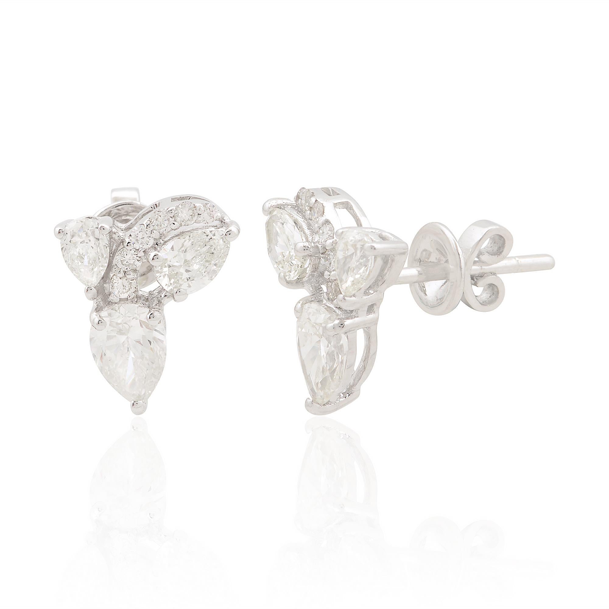 Modern SI Clarity HI Color Pear Round Diamond Minimalist Stud Earrings 14k White Gold For Sale