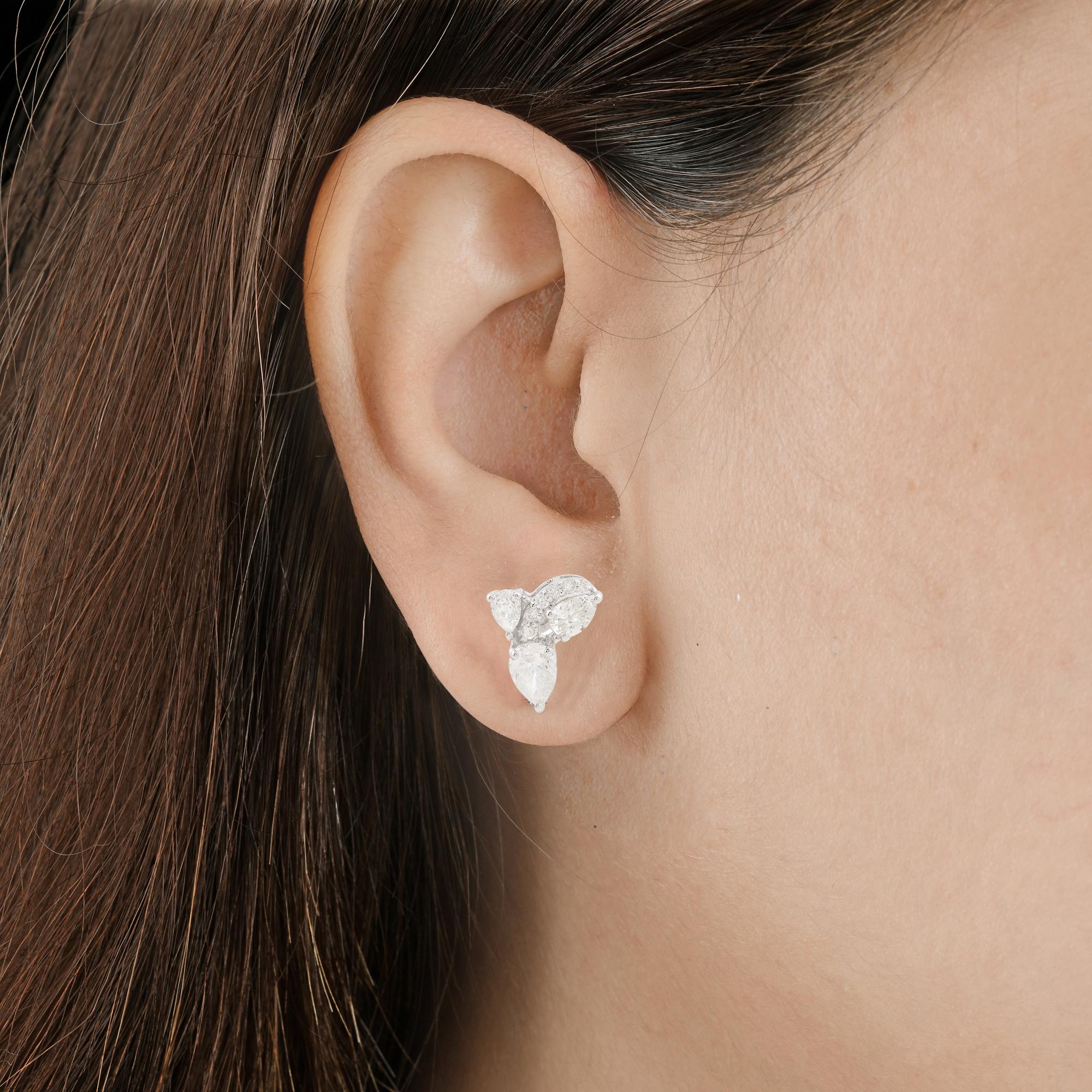 Women's SI Clarity HI Color Pear Round Diamond Minimalist Stud Earrings 14k White Gold For Sale