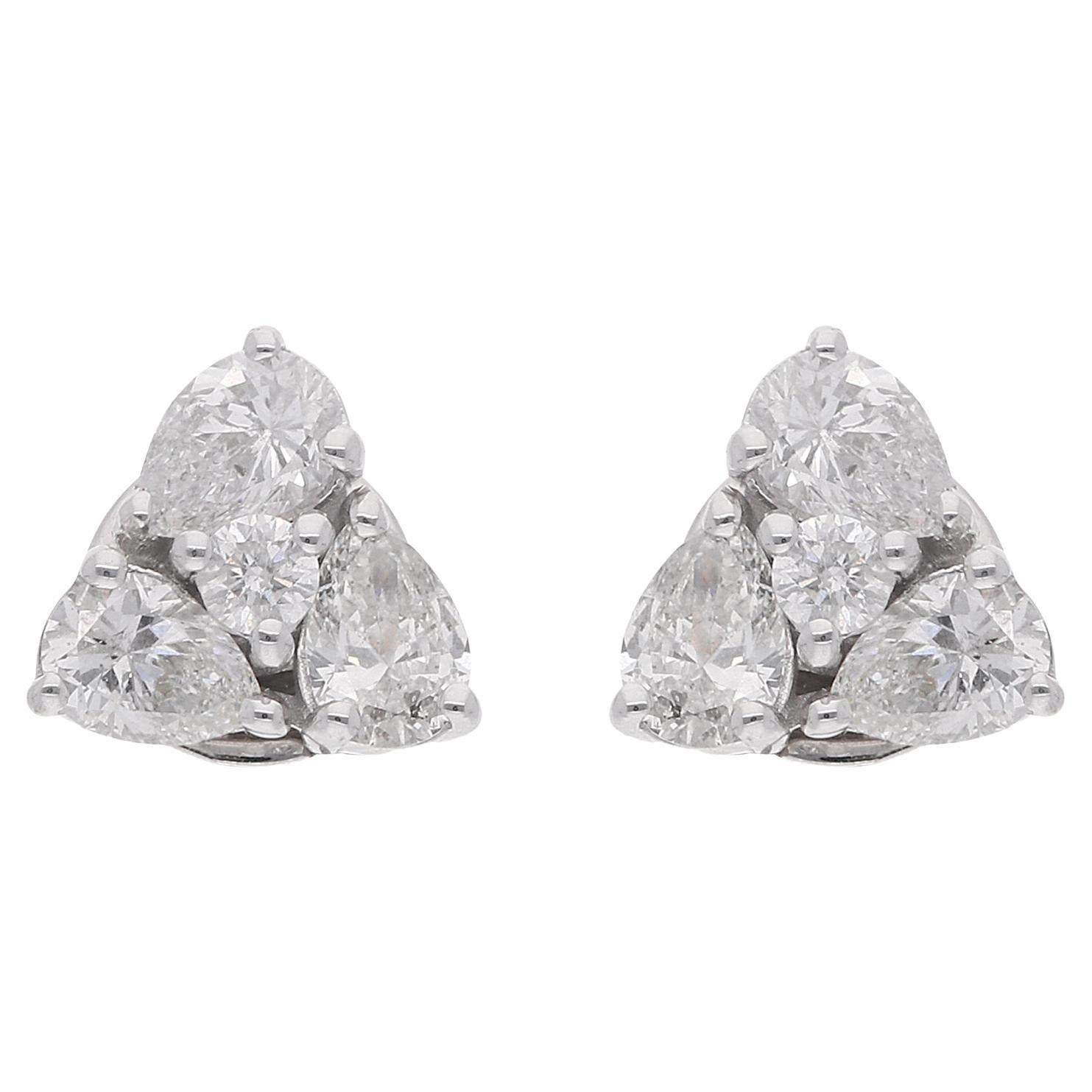 SI Clarity HI Color Pear Round Diamond Stud Earrings 18 Karat White Gold Jewelry For Sale