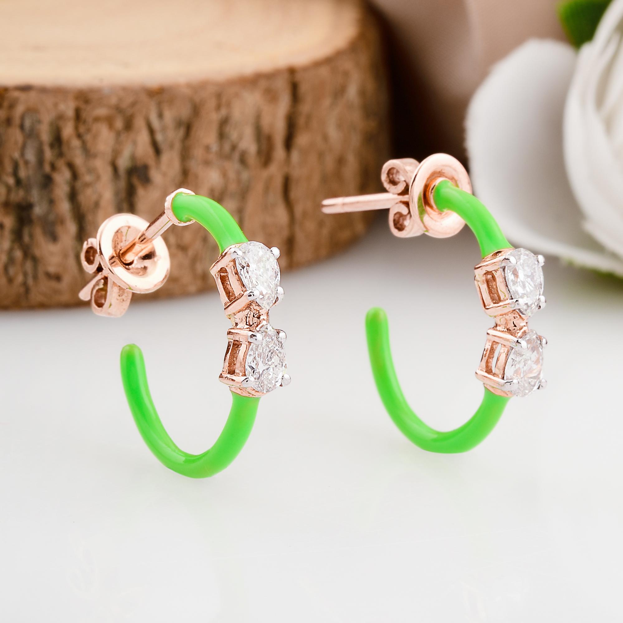 Modern Natural 0.56 Ct. Pear Diamond Green Enamel Hoop Earrings 18k Rose Gold Jewelry For Sale