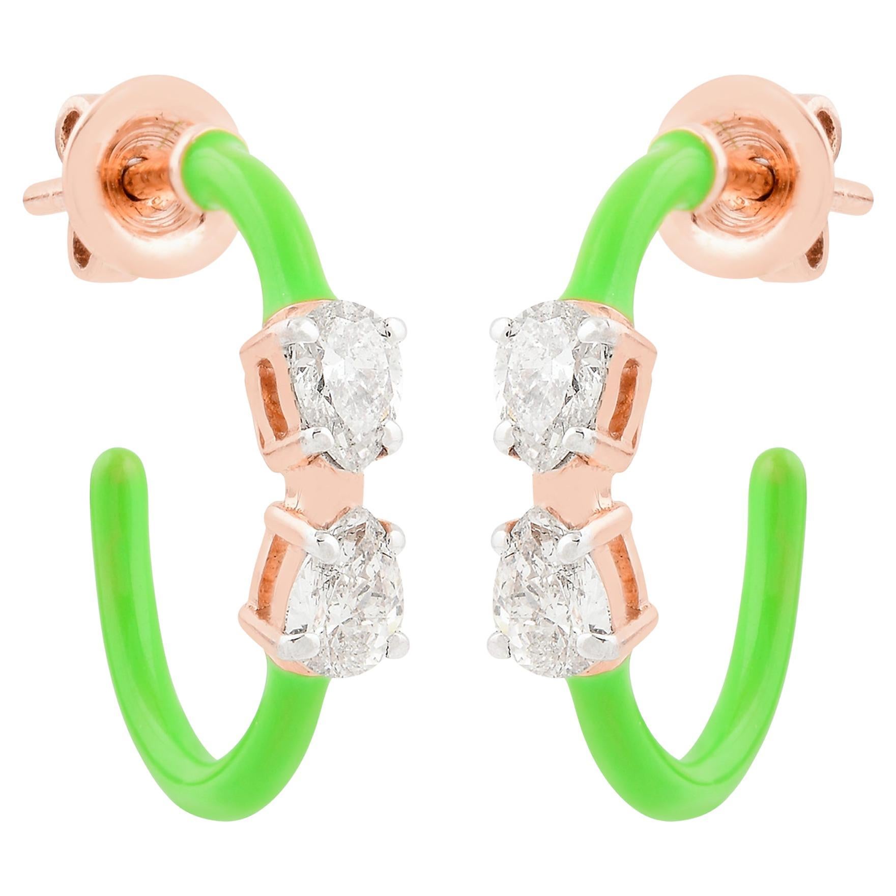Natural 0.56 Ct. Pear Diamond Green Enamel Hoop Earrings 18k Rose Gold Jewelry