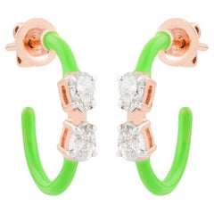 Natural 0.56 Ct. Pear Diamond GreenEnamel Hoop Earrings 18k Rose Gold Jewelry