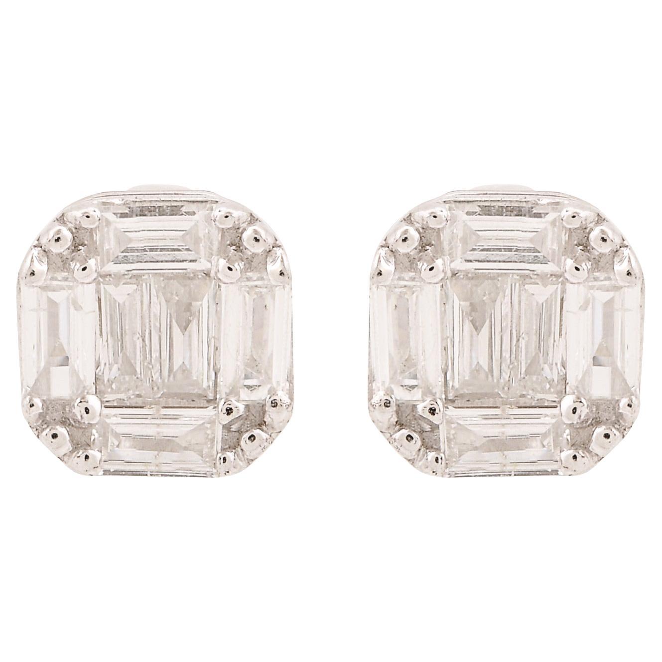 SI Clarity HI Color Round Baguette Diamond Stud Earrings 10 Karat White Gold