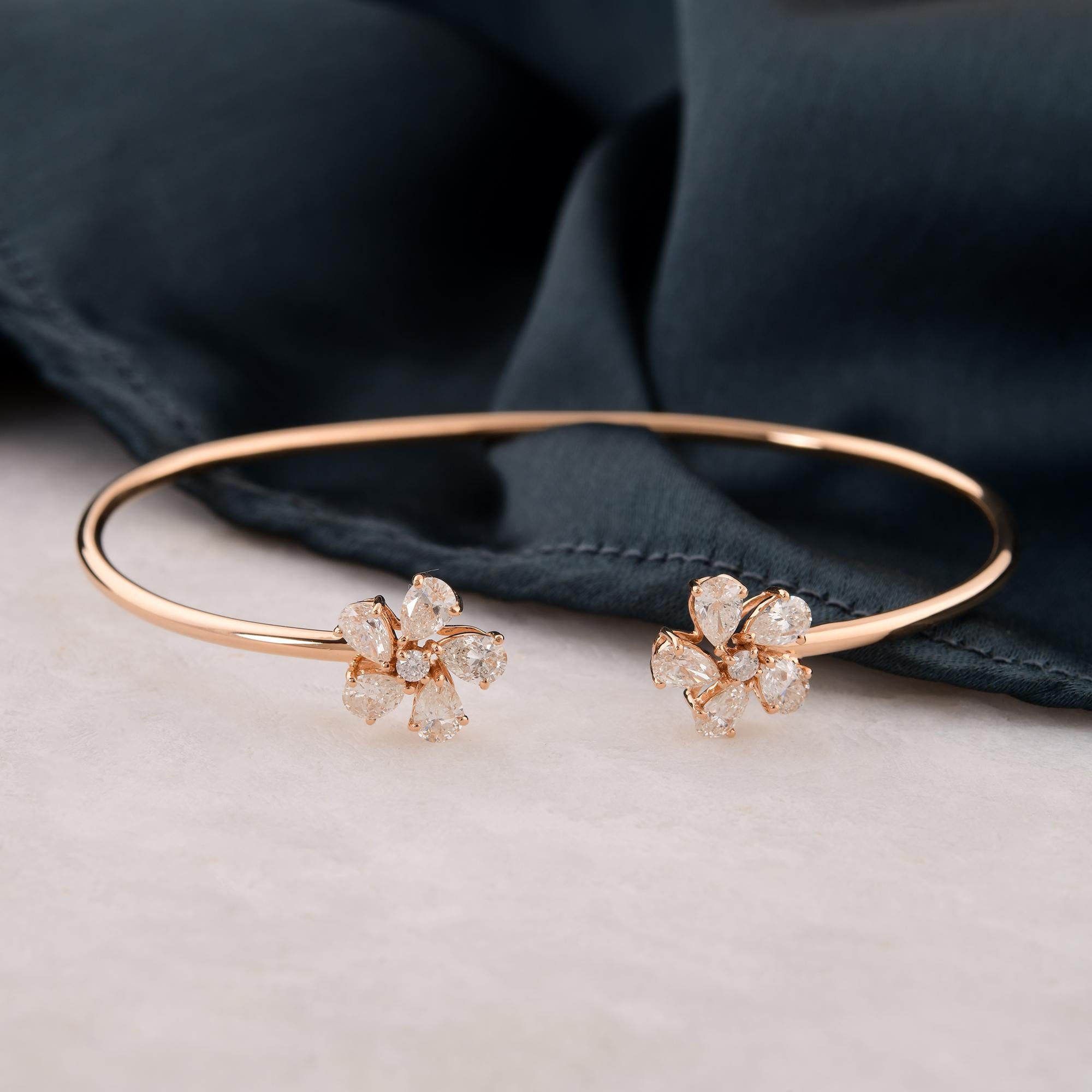 Round Cut SI Clarity HI Color Round Diamond Flower Cuff Bangle Bracelet 14 Karat Rose Gold For Sale