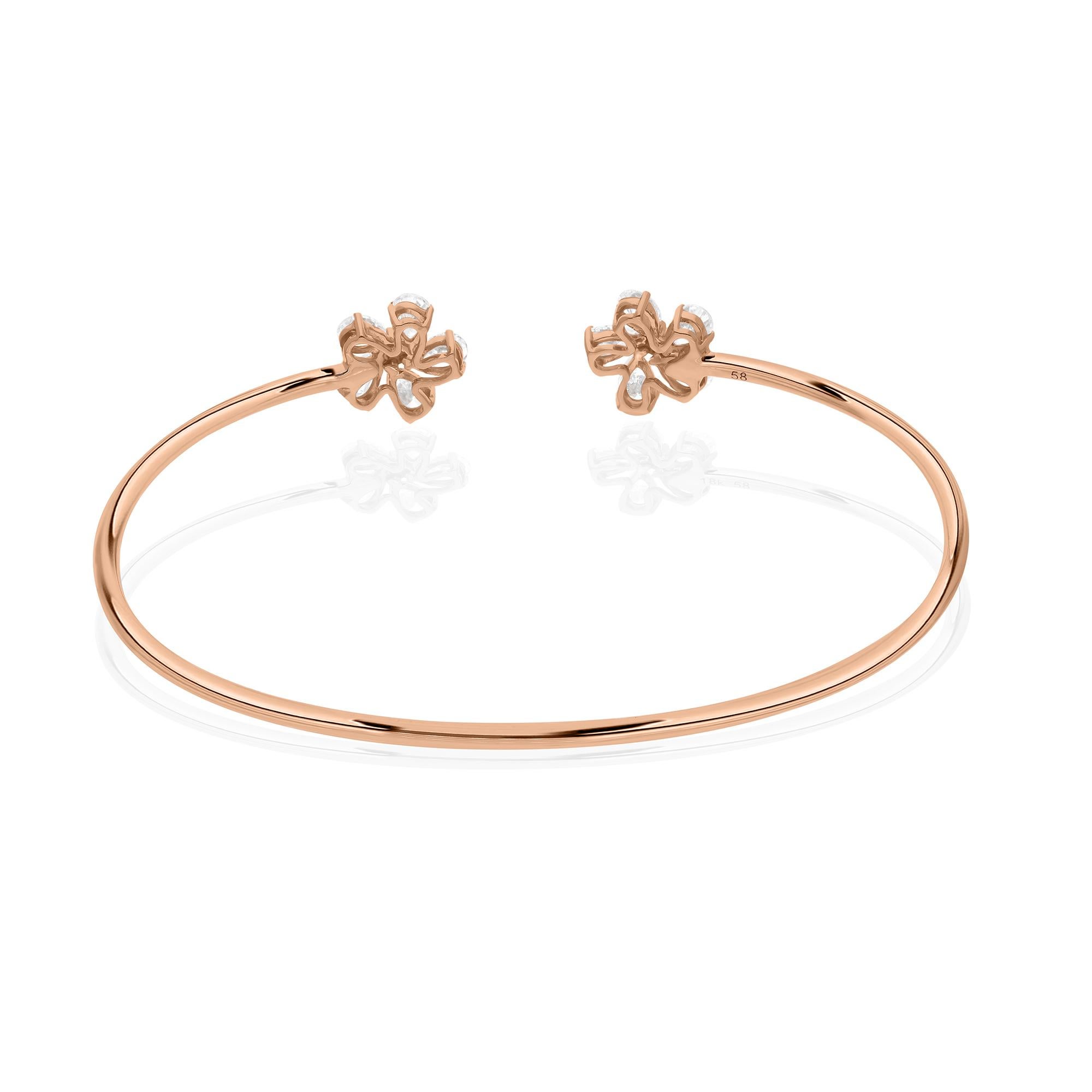 Women's SI Clarity HI Color Round Diamond Flower Cuff Bangle Bracelet 14 Karat Rose Gold For Sale