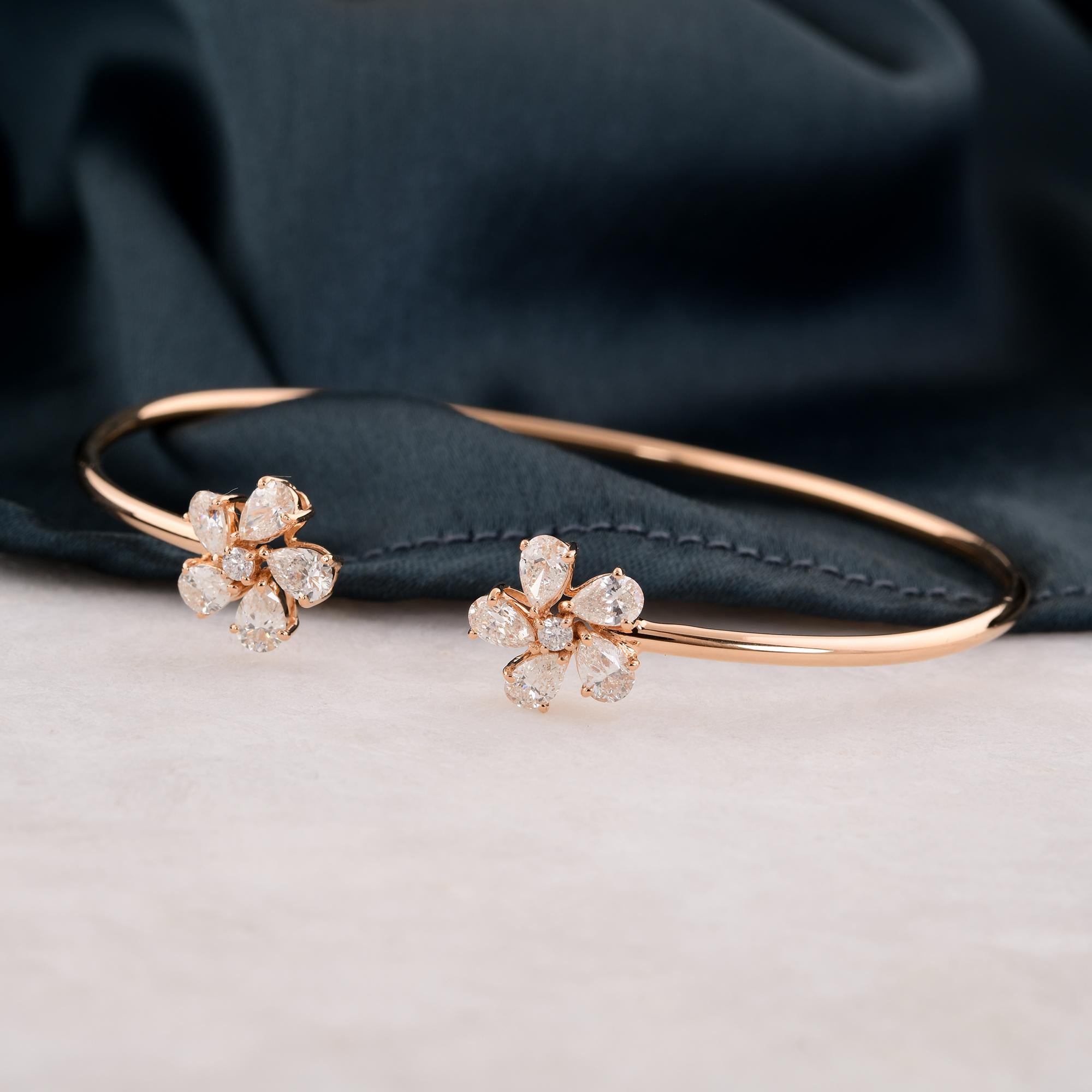 Women's SI Clarity HI Color Round Diamond Flower Cuff Bangle Bracelet 18 Karat Rose Gold For Sale