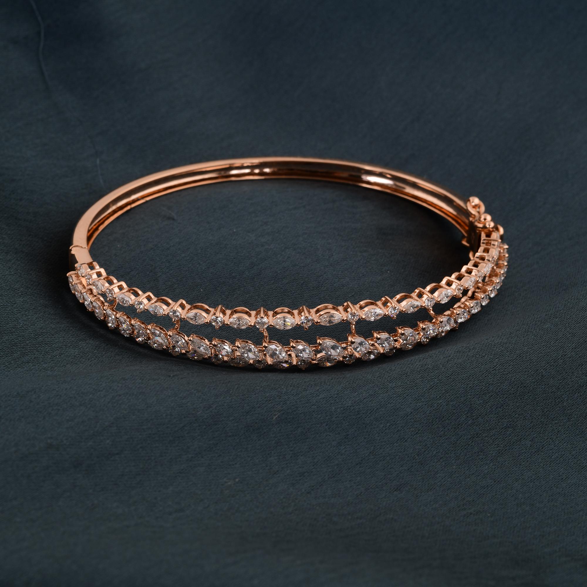 Marquise Cut SI Clarity HI Color Round & Marquise Diamond Bangle Bracelet 14 Karat Rose Gold For Sale