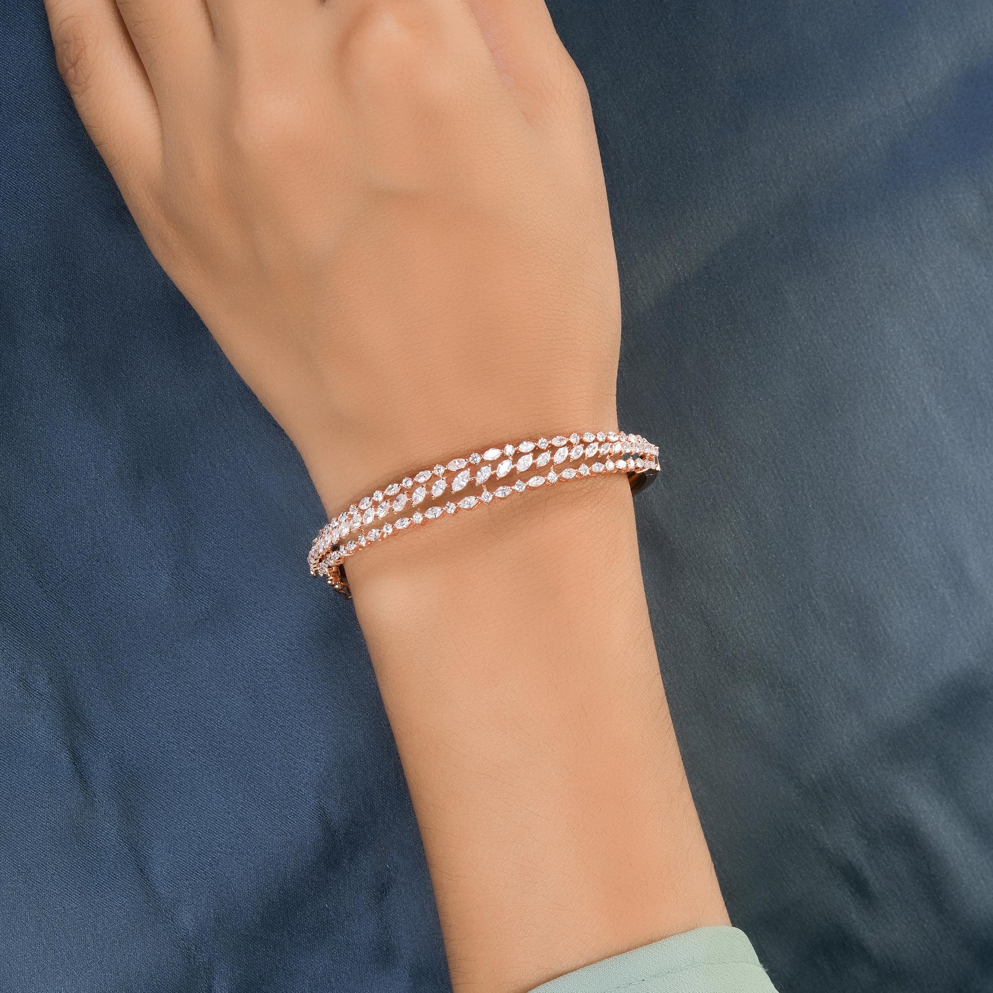 Women's SI Clarity HI Color Round & Marquise Diamond Bangle Bracelet 14 Karat Rose Gold For Sale