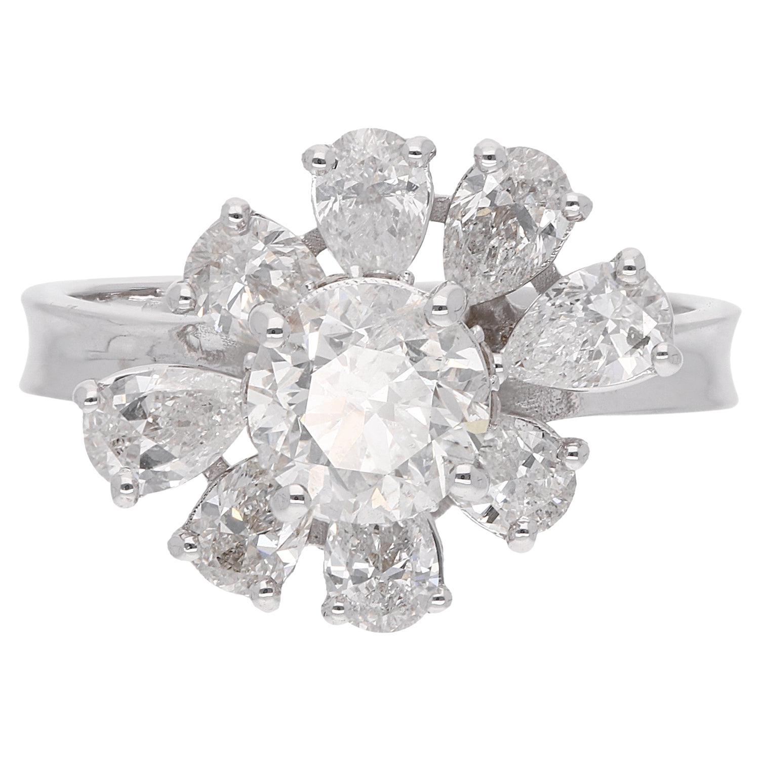 SI Clarity HI Color Solitaire Round Diamond Cluster Ring 18 Karat White Gold