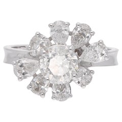 SI Clarity HI Color Solitaire Round Diamond Cluster Ring 18 Karat White Gold