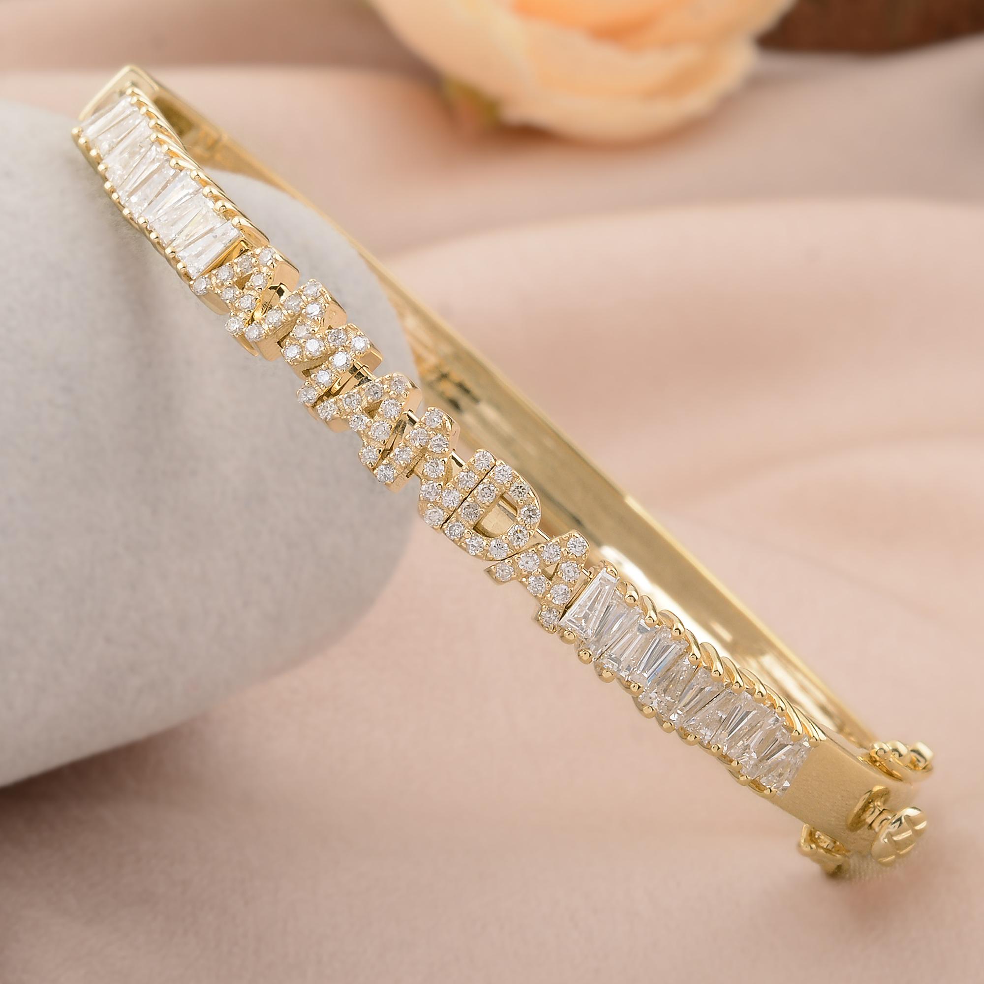 Baguette Cut SI Clarity HI Color Tapered Baguette Diamond Name Bracelet 14 Karat Yellow Gold For Sale