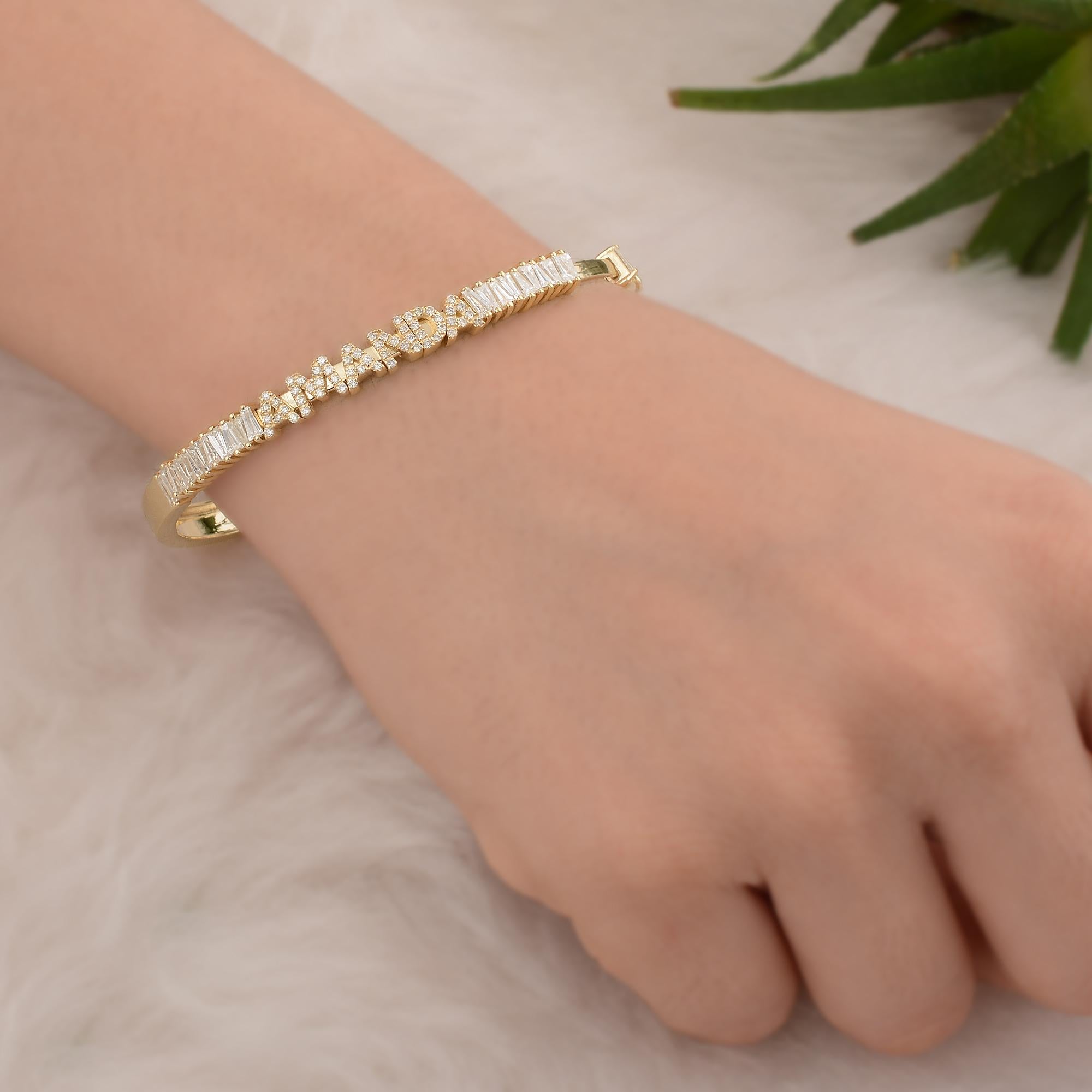 SI Reinheit HI Farbe spitz zulaufendes Baguette-Diamant- Name-Armband 14 Karat Gelbgold Damen im Angebot