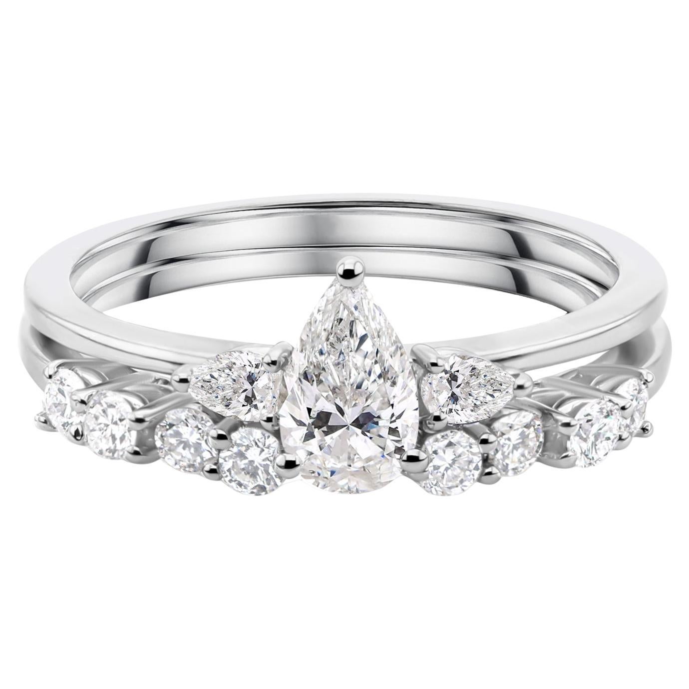 SI/H Anillo de compromiso de diamantes pera naturales de 0,93 quilates y oro blanco de 18 quilates